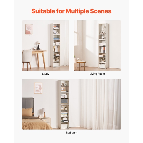 VEVOR 8 Tiers Narrow Bookshelf, 71 in Wooden Tall Open Bookcase with Height-Adjustable Shelf, Freestanding Display Storage Floor Bookcase Bookshelf