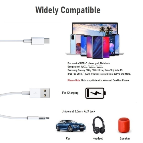 Type C to 3.5 two-in-one charging + audio cable car audio AUX adapter cable, compatible with Type C mobile phones/tablets, can be used with car