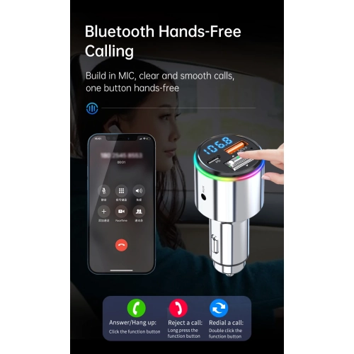 Voiture Lecteur MP3 Bluetooth Car Émetteur FM Recharge rapide Téléphone Coque en alliage de zinc Chargeur pour l'auto PD QC3.0 Émetteur FM avec