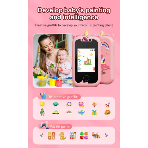 New dual-camera touch screen children's mobile phone education early childhood education machine smart touch screen - unicorn pink + silicone shell +