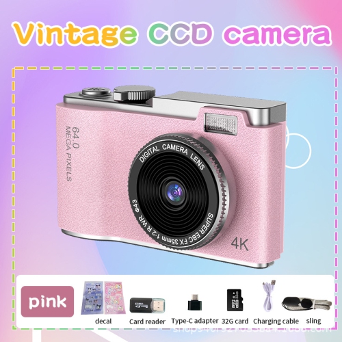 THE WAY  New Ccd Style Retro 4K HD Portable Camera Student Digital Camera Gift New Camera Selfie Dual-Lens Camera Photography Portable-Pink + 32G