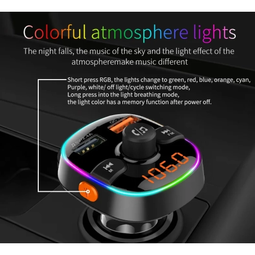 Émetteur FM Bluetooth pour l'auto Lecteur MP3 QC3.0 Recharge rapide, émetteur FM Bluetooth chargeur auto