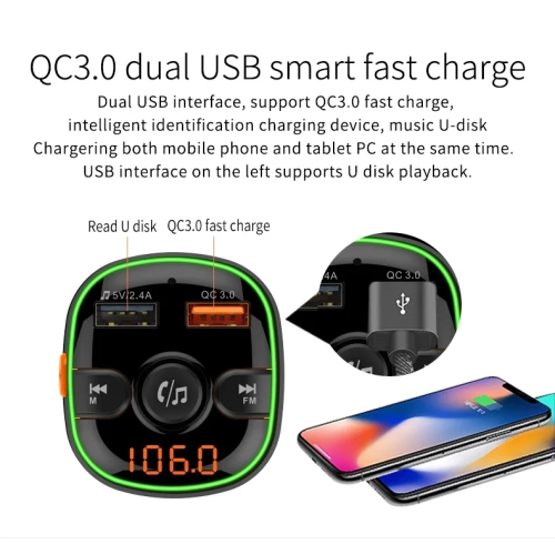 Émetteur FM Bluetooth pour l'auto Lecteur MP3 QC3.0 Recharge rapide, émetteur FM Bluetooth chargeur auto