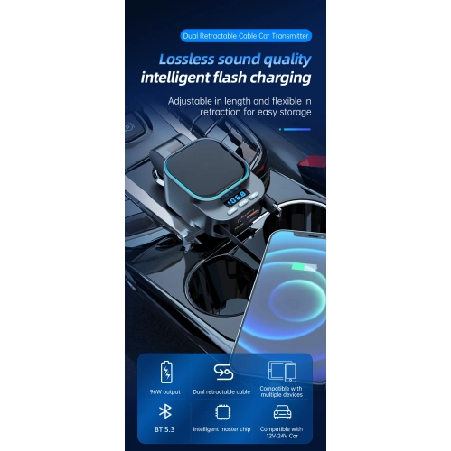 Émetteur FM Bluetooth pour l'auto BT5.3 chargeur auto super rapide 96&nbsp;W 4-en-1 câble rétractable pour l'auto