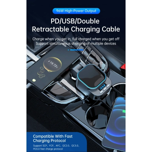 Émetteur FM Bluetooth pour l'auto BT5.3 chargeur auto super rapide 96&nbsp;W 4-en-1 câble rétractable pour l'auto