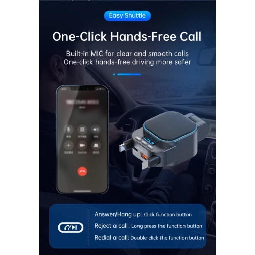 Émetteur FM Bluetooth pour l'auto BT5.3 chargeur auto super rapide 96&nbsp;W 4-en-1 câble rétractable pour l'auto