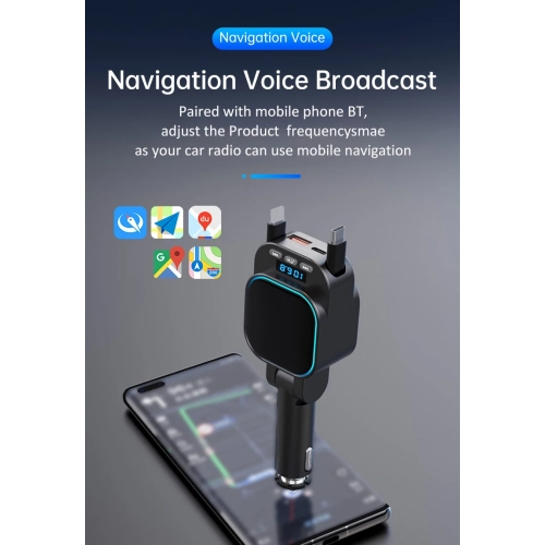 Émetteur FM Bluetooth pour l'auto BT5.3 chargeur auto super rapide 96&nbsp;W 4-en-1 câble rétractable pour l'auto