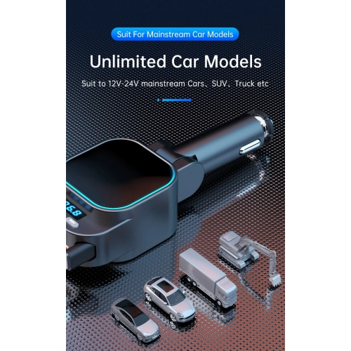 Émetteur FM Bluetooth pour l'auto BT5.3 chargeur auto super rapide 96&nbsp;W 4-en-1 câble rétractable pour l'auto