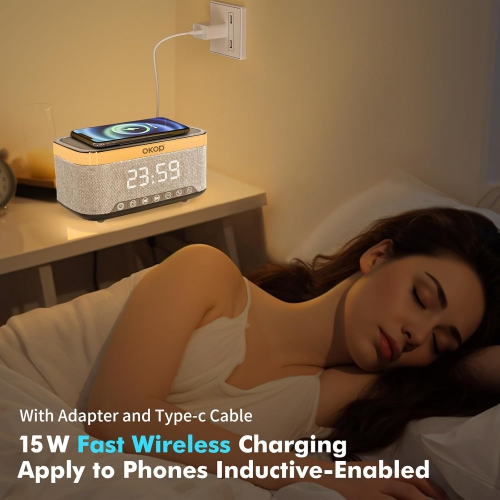 Bluetooth Speaker Wireless Charging Clock Alarm Clock RGB Marquee 15W White Noise Desktop Speaker with FM Radio - Black