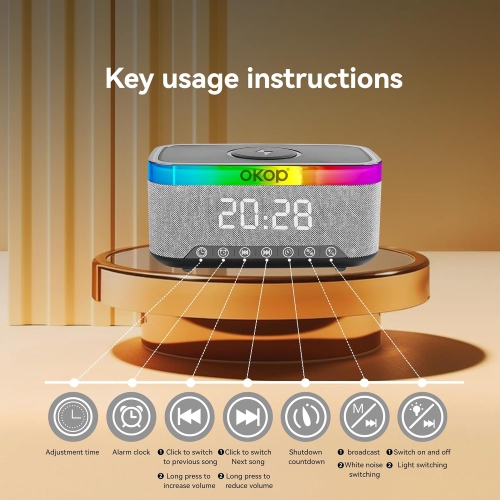 Bluetooth Speaker Wireless Charging Clock Alarm Clock RGB Marquee 15W White Noise Desktop Speaker with FM Radio - Black