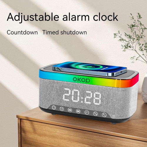 Bluetooth Speaker Wireless Charging Clock Alarm Clock RGB Marquee 15W White Noise Desktop Speaker with FM Radio - Black