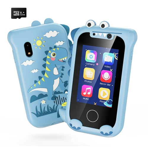 New private model children's mobile phone camera HD photo recording IPS touch dinosaur cartoon educational toy - blue + silicone cover + memory card