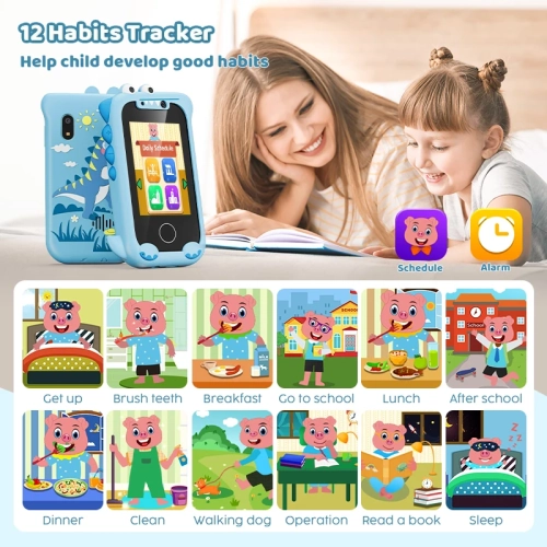 New private model children's mobile phone camera HD photo recording IPS touch dinosaur cartoon educational toy - blue + silicone cover + memory card