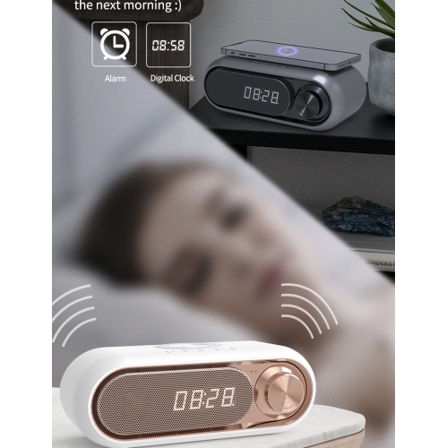 LED Clock Alarm Clock FM Radio TF Card All-in-One Bluetooth Speaker with Wireless Charger - Iron Gray 5W