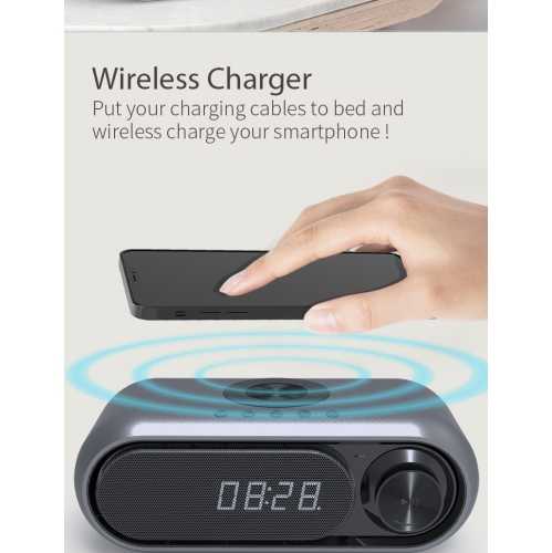 LED Clock Alarm Clock FM Radio TF Card All-in-One Bluetooth Speaker with Wireless Charger - Iron Gray 5W