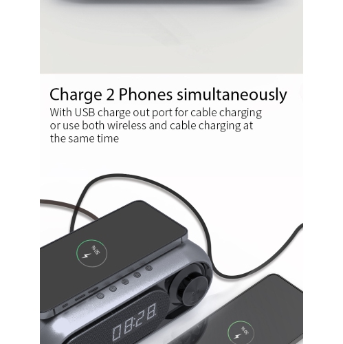 LED Clock Alarm Clock FM Radio TF Card All-in-One Bluetooth Speaker with Wireless Charger - Iron Gray 5W