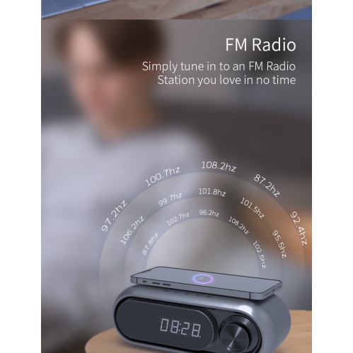 LED Clock Alarm Clock FM Radio TF Card All-in-One Bluetooth Speaker with Wireless Charger - Iron Gray 5W