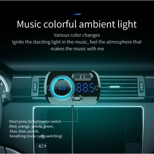 QC3.0 recharge rapide voiture Bluetooth, lecteur MP3 mains libres, émetteur FM atmosphère lumière mains libres transmission FM stéréo chargeur voiture