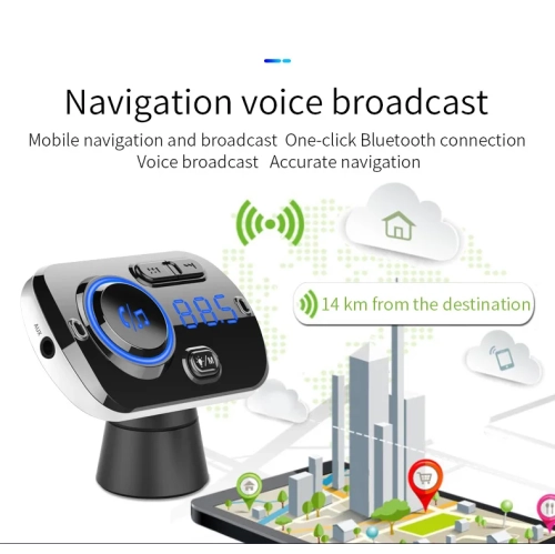 QC3.0 recharge rapide voiture Bluetooth, lecteur MP3 mains libres, émetteur FM atmosphère lumière mains libres transmission FM stéréo chargeur voiture