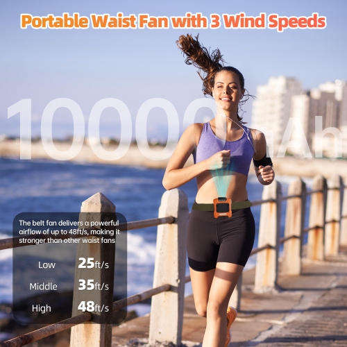 Portable Belt Clip Fan with 10000mAh Battery, 3 Speeds, LED SOS Light for Construction, Farming, Cycling