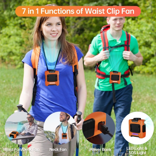 Portable Belt Clip Fan with 10000mAh Battery, 3 Speeds, LED SOS Light for Construction, Farming, Cycling
