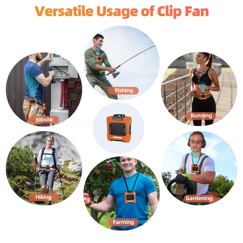 Portable Belt Clip Fan with 10000mAh Battery, 3 Speeds, LED SOS Light for Construction, Farming, Cycling