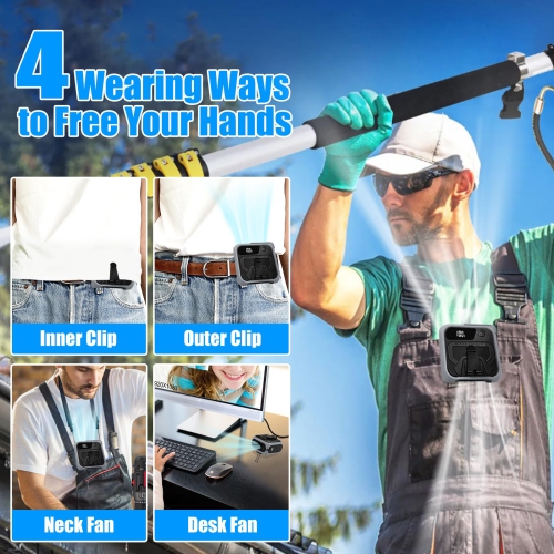 Portable Waist Fan Clip, Close-Fitting Neck Hanging Fan with Power Display and Flashlight for Outdoor Work and Travel