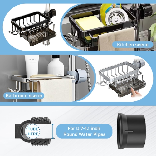 Kitchen Sink Drain Rack, Adjustable Faucet Storage Rack and Towel Holder for 0.7–1.1 Inch Round Pipes