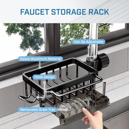 Kitchen Sink Drain Rack, Adjustable Faucet Storage Rack and Towel Holder for 0.7–1.1 Inch Round Pipes