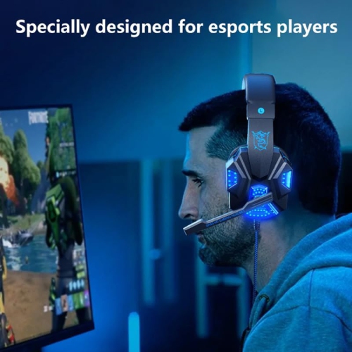 Wired headset with soft earmuffs, noise-canceling microphone, 40mm drivers, RGB lighting and braided cable, stereo surround sound