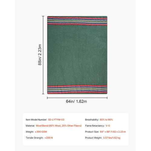 VEVOR 64" x 88" Wool Camping Blanket, Large Warm Stadium Blanket, Waterproof & Windproof, Flame Retardant, Great for Outdoors, Picnics,