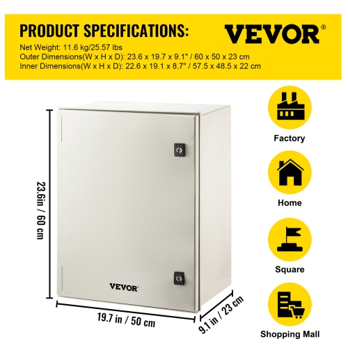 VEVOR 23.6 x 19.7 x 9.1" Fiberglass Enclosure Electrical Enclosure Box NEMA 3X Electronic Equipment Enclosure Box IP65 Weatherproof Wall-Mounted