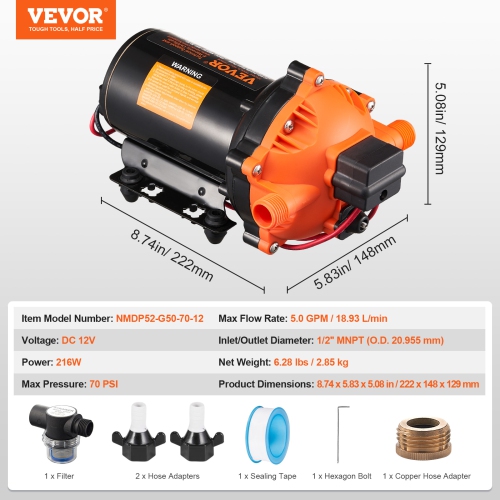 Pompe à membrane VEVOR 12&nbsp;V, 5 gal/min, pompe à eau c.c. à 5 chambres 12&nbsp;V avec interrupteur de pression automatique 40-100&nbsp;lb/po²