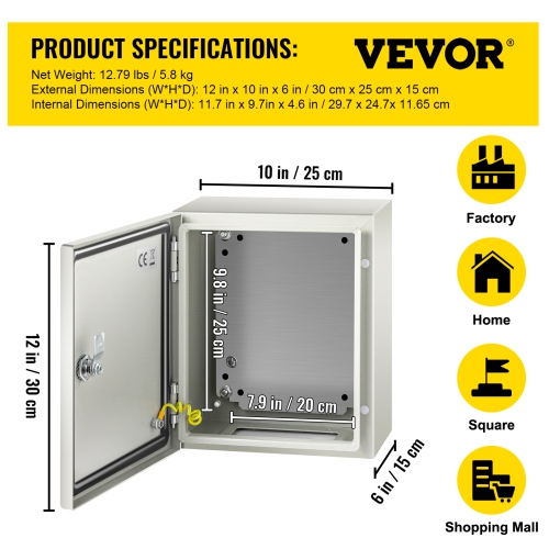 VEVOR 12'' x 10'' x 6'' Steel Electrical Box Electrical Enclosure Box, Carbon Steel Hinged Junction Box, IP65 Weatherproof Metal Box Wall-Mounted