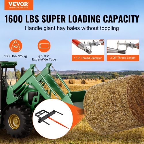 VEVOR 39" Hay Spear, Bale Spears 1600lbs Loading Capacity, Skid Steer Loader Tractor Bucket Attachment with 2pcs 17.5" Stabilizer Spears and 60"