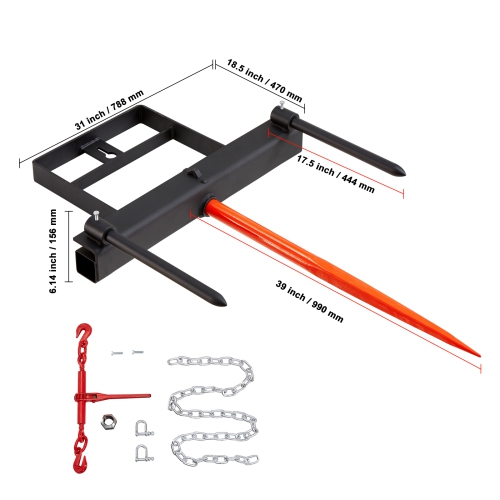 VEVOR 39" Hay Spear, Bale Spears 1600lbs Loading Capacity, Skid Steer Loader Tractor Bucket Attachment with 2pcs 17.5" Stabilizer Spears and 60"