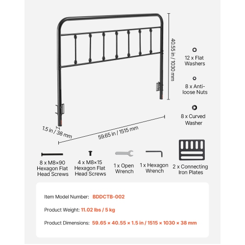 Tête de lit en métal VEVOR W59,65 x H40,55 x D1.5 pouces, tête de grand lit à hauteur réglable, tête de lit en métal pour grand lit, idéale pour