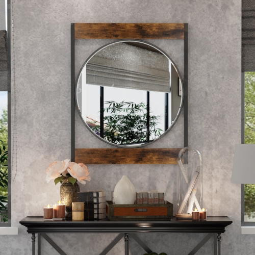 Artloge Decorative Silver Wall Mirror Industrial 23 inch Round Wall Mirror with Square Wood Metal Frame Retro Accent Mirror for Entryway Hallway,