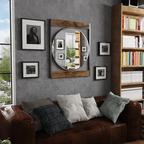 Artloge Decorative Silver Wall Mirror Industrial 23 inch Round Wall Mirror with Square Wood Metal Frame Retro Accent Mirror for Entryway Hallway,