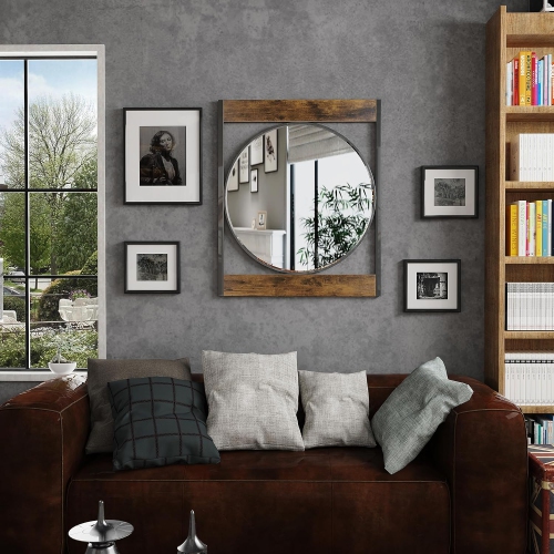 Artloge Decorative Silver Wall Mirror Industrial 23 inch Round Wall Mirror with Square Wood Metal Frame Retro Accent Mirror for Entryway Hallway,