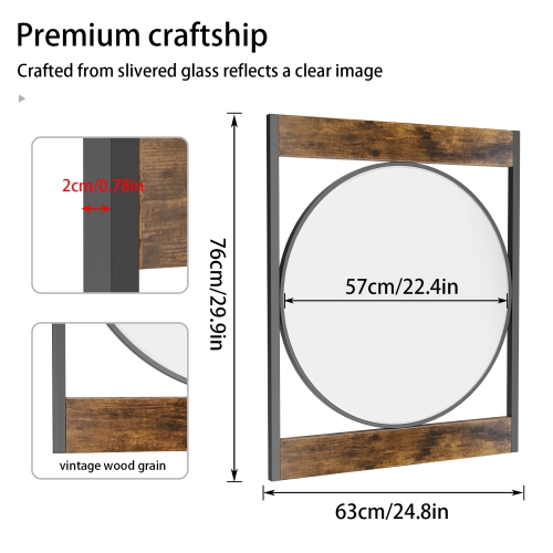 Artloge Decorative Silver Wall Mirror Industrial 23 inch Round Wall Mirror with Square Wood Metal Frame Retro Accent Mirror for Entryway Hallway,