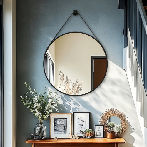 Artloge 24 Inch Round Wall Mirror wiith Black Aluminium Frame and Leather Strap for Bathroom Living Room Bedroom