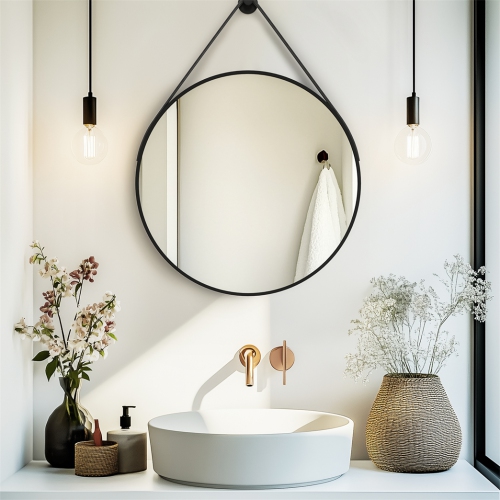 Artloge 24 Inch Round Wall Mirror wiith Black Aluminium Frame and Leather Strap for Bathroom Living Room Bedroom