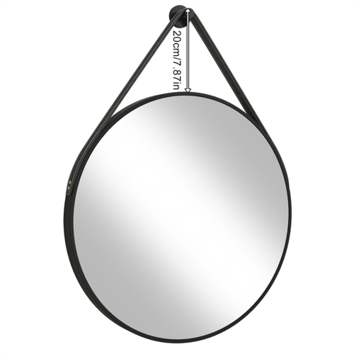 Artloge 24 Inch Round Wall Mirror wiith Black Aluminium Frame and Leather Strap for Bathroom Living Room Bedroom
