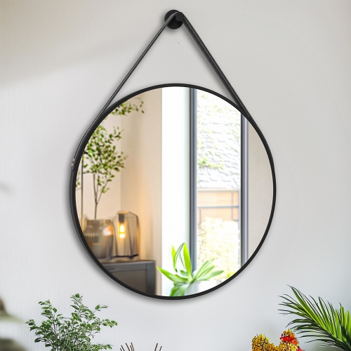 Artloge 24 Inch Round Wall Mirror wiith Black Aluminium Frame and Leather Strap for Bathroom Living Room Bedroom
