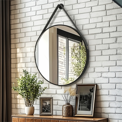 Artloge 24 Inch Round Wall Mirror wiith Black Aluminium Frame and Leather Strap for Bathroom Living Room Bedroom
