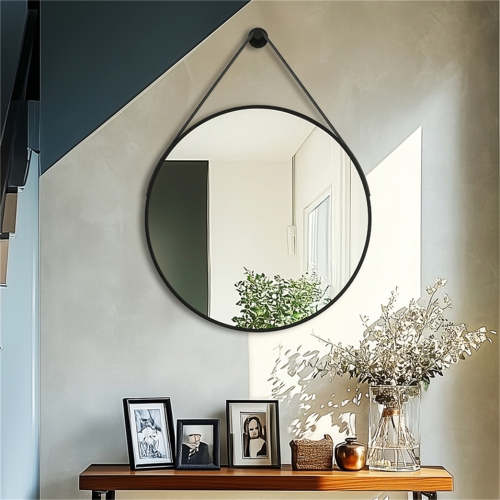Artloge 24 Inch Round Wall Mirror wiith Black Aluminium Frame and Leather Strap for Bathroom Living Room Bedroom