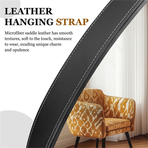 Artloge 24 Inch Round Wall Mirror wiith Black Aluminium Frame and Leather Strap for Bathroom Living Room Bedroom