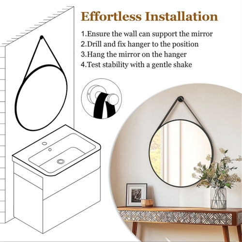 Artloge 24 Inch Round Wall Mirror wiith Black Aluminium Frame and Leather Strap for Bathroom Living Room Bedroom