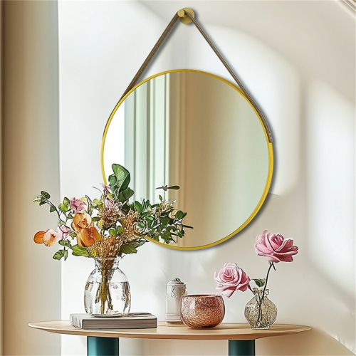 Artloge 24 Inch Round Wall Mirror wiith Black Aluminium Frame and Leather Strap for Bathroom Living Room Bedroom
